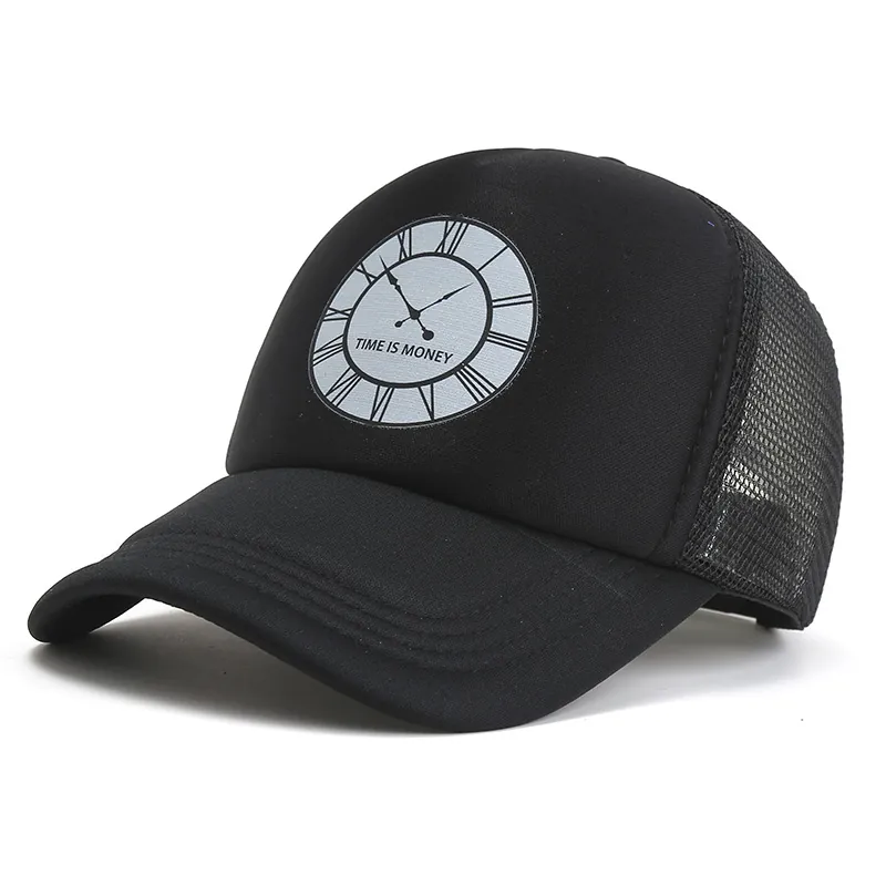 Trucker Hat Mesh Polyester Breathable Adjustable Baseball Cap Clock Print Time Is Money Streetwear Snapback