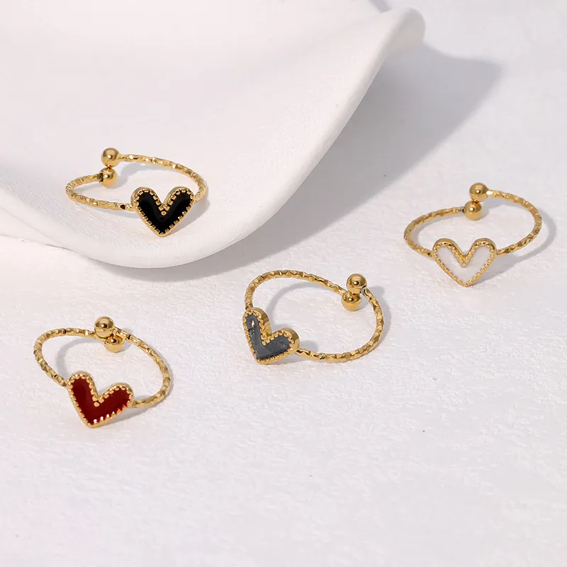 Heart Shape Open Ring Stainless Steel Enamel Adjustable French Vintage Style Jewelry For Women