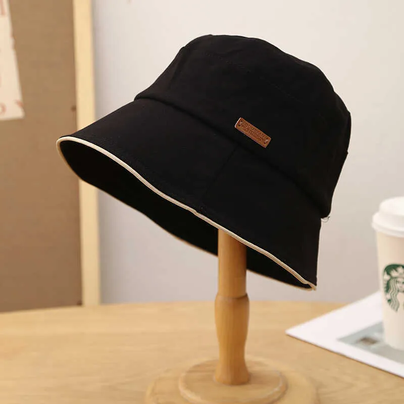 Women Bucket Hat Cotton Canvas Sun Protection Casual Retro Solid Color Outdoor Sun Hat With Leather Patch