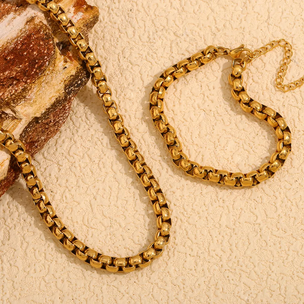 18K Gold Plated Stainless Steel Snake Chain Necklace Bracelet For Women Hip Hop Chic Geometric Round Box Chain Jewelry
