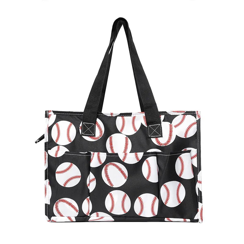 Large Capacity Women Tote Bag Polyester Canvas Style Handbag With Multi Pockets Sports Football Baseball Patterns Travel