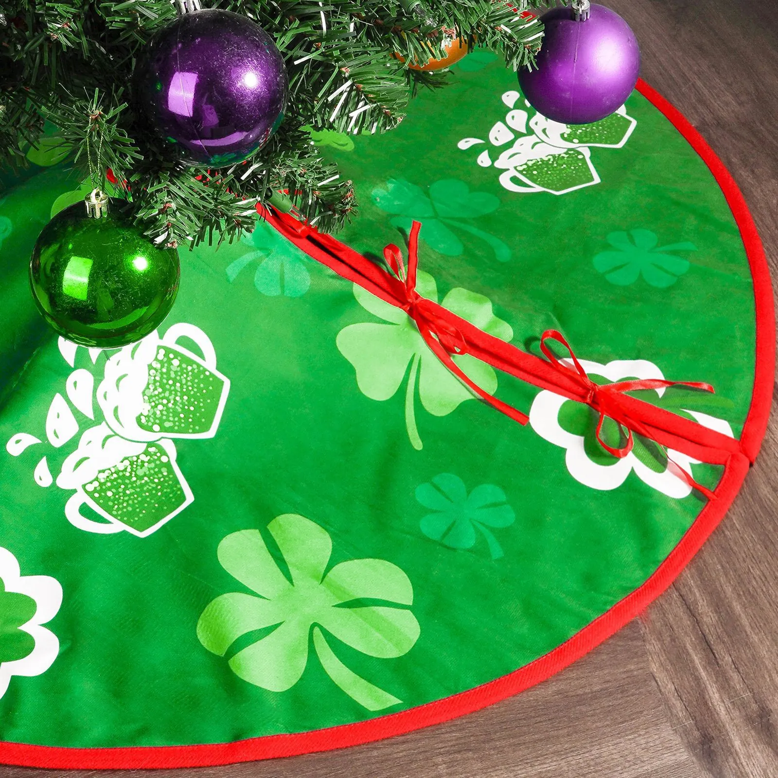 Reversible Festive Tree Skirt Double Sided Polyester Clover Heart Decor For St Patrick's Day Valentine's Day Home Ornament