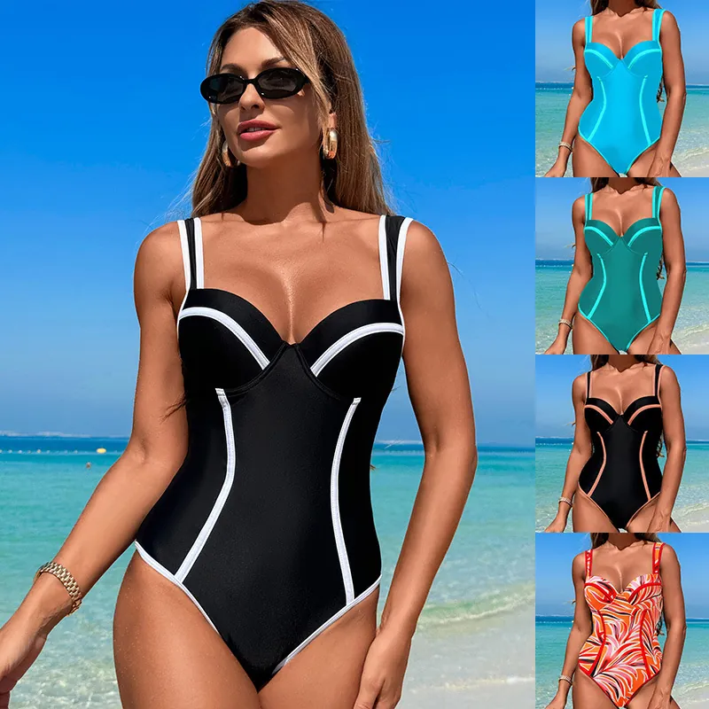 Women One-Piece Swimsuit Nylon Spandex Contrast Trim Tummy Control Backless High Cut Beach Monokini Slimming Bathing Suit
