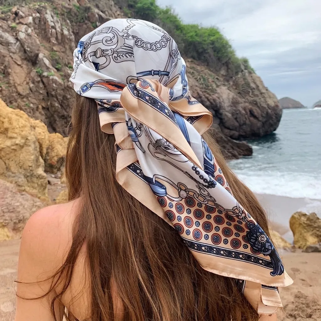 Dames Vintage Ketting Print Satijn Vierkante Sjaal Retro Hippische Patroon Zijdegevoel Hoofddoek Bandana Voor Strand