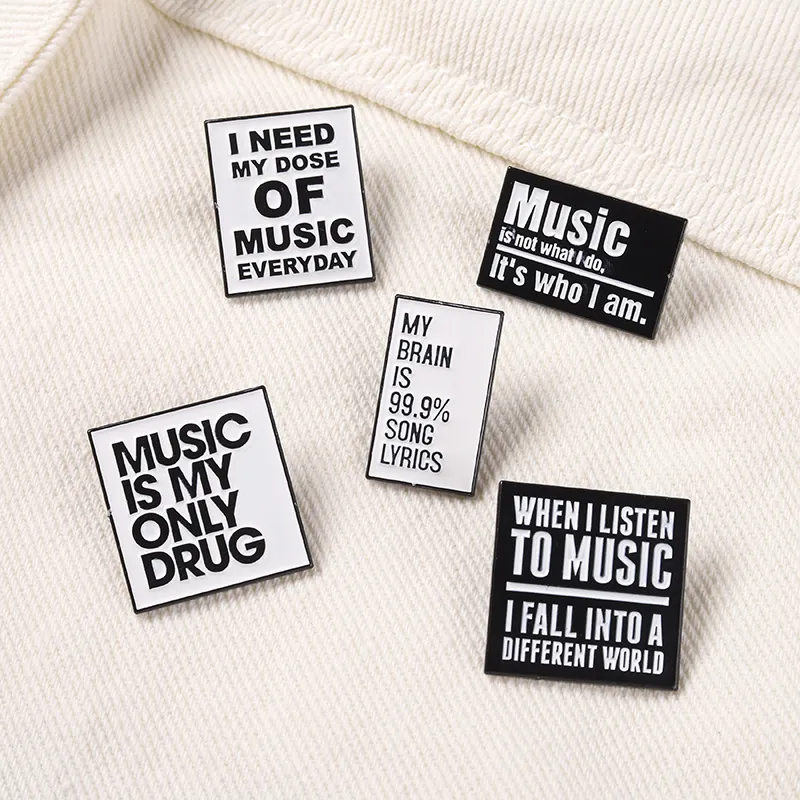 Music Theme Enamel Pin Brooch Set Alloy Black White Quote Minimalist Creative Backpack Decoration Accessory