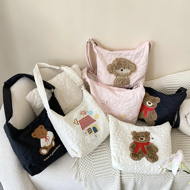 Women Quilted Tote Bag Japanese Style Cartoon Bear Puppy Embroidered Large Capacity Adjustable Shoulder Crossbody Bag