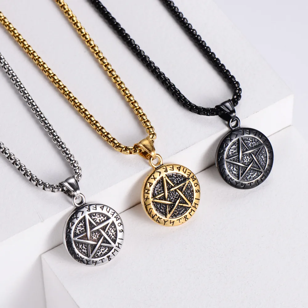 Pentagram Pendant Necklace 316L Stainless Steel Nordic Runes Round Coin Vintage Viking Punk Jewelry For Men