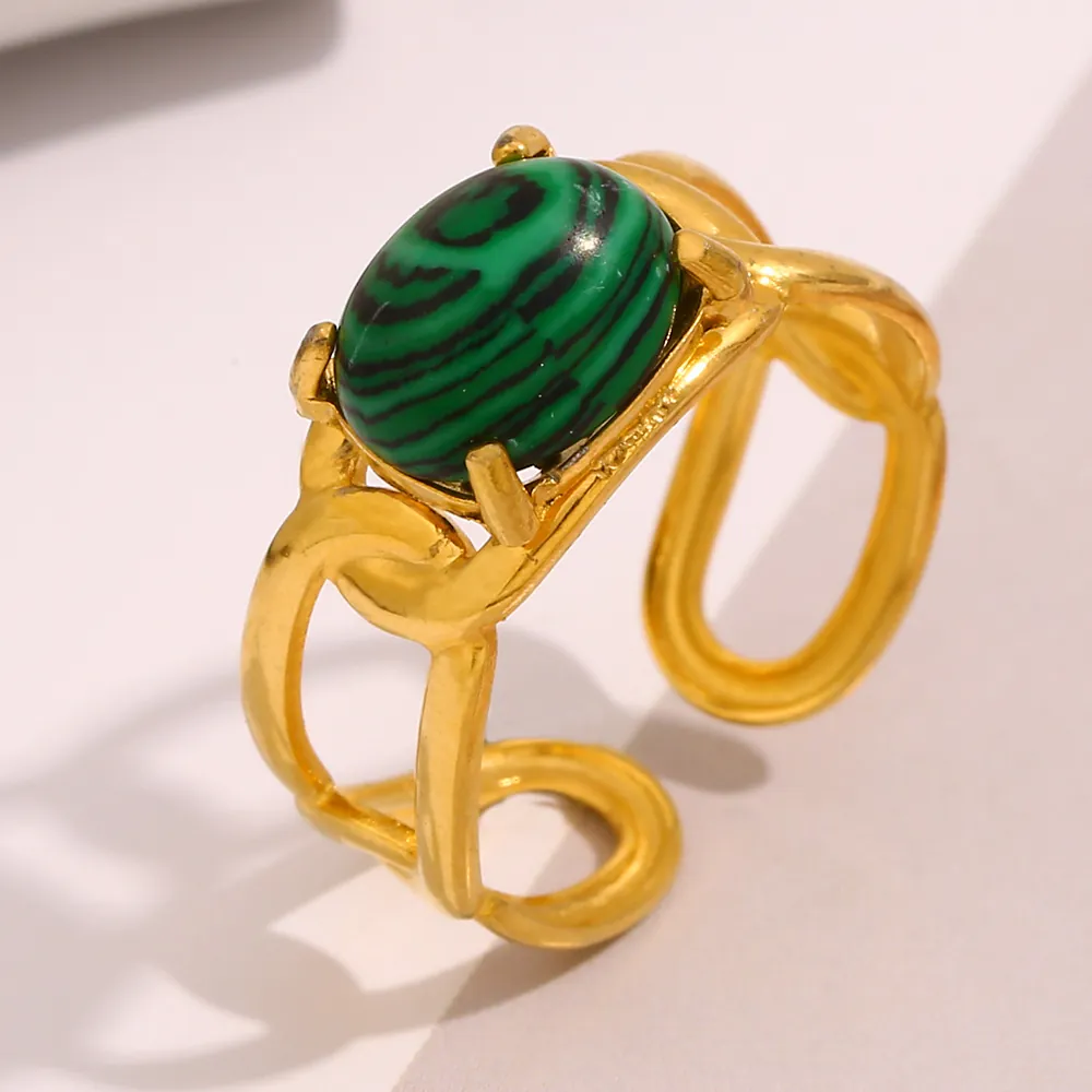 Vintage Malachite Open Adjustable Ring Stainless Steel 18K Gold Plated Hollow Line Jewelry For Women French Style