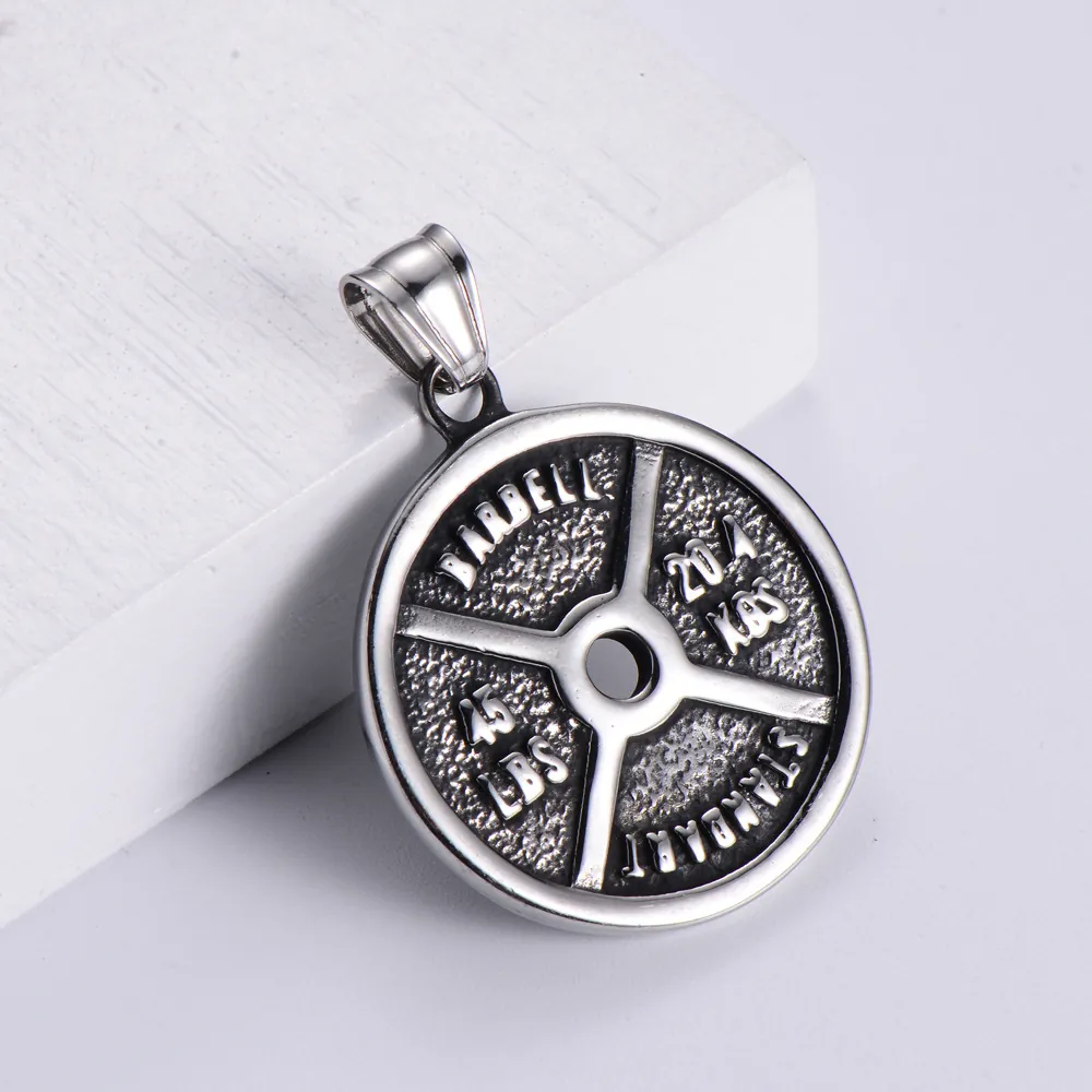Barbell Weight Plate Pendant Necklace 304 Stainless Steel Retro Gym Fitness Sports Jewelry For Men
