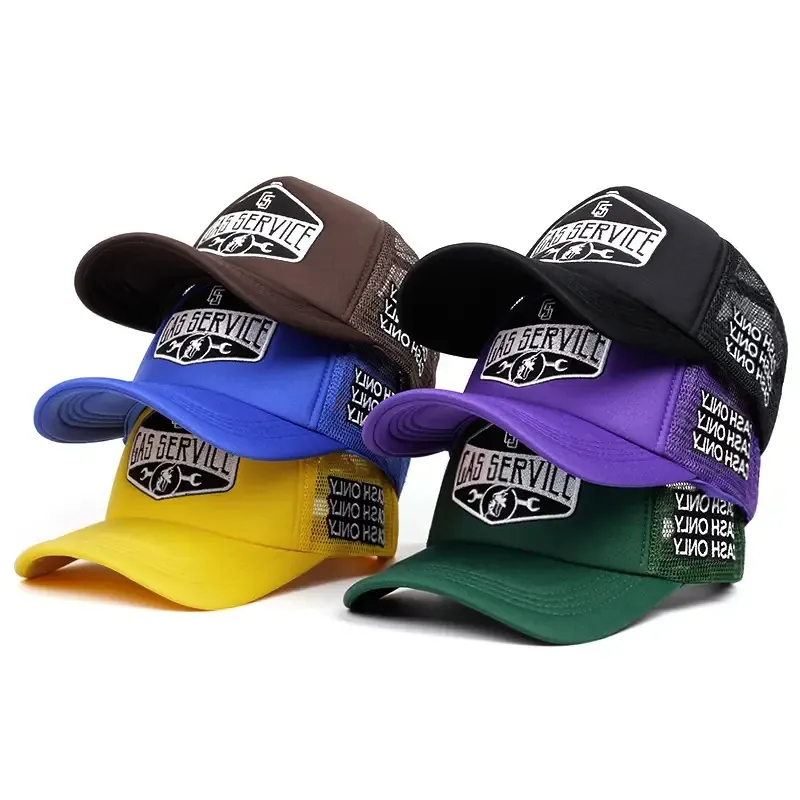 Vintage Trucker Hat Cotton Mesh Baseball Cap Embroidered Gas Service Patch Adjustable Breathable Outdoor Sunshade