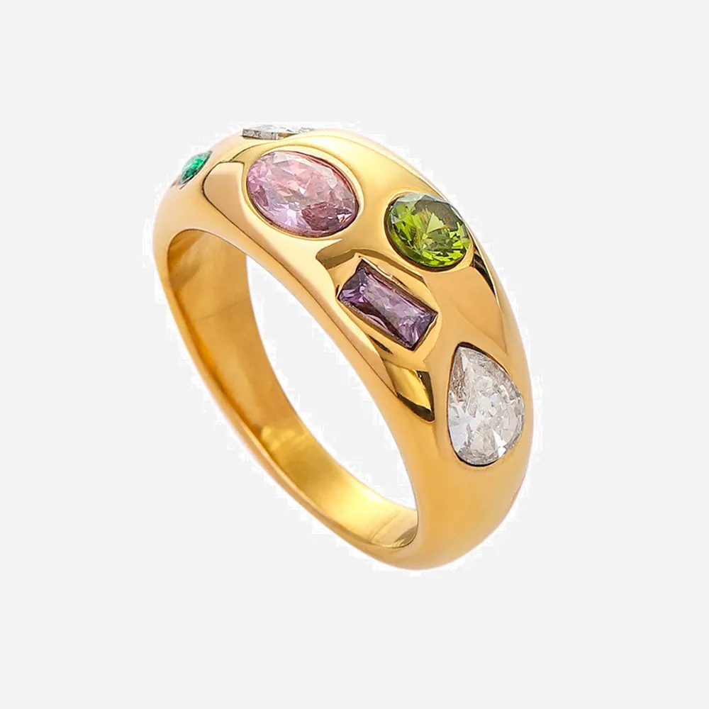 Anello In Acciaio Inossidabile Placcato Oro Con Zirconia Cubica Colorata Pietre Multicolore Fascia Larga Gioielli Donna