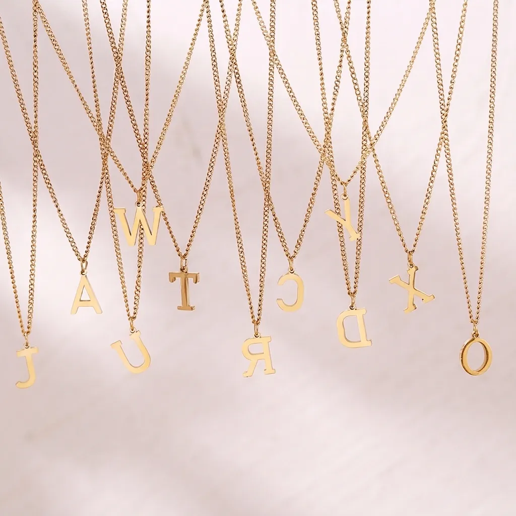 Fashion Stainless Steel 18K Gold Plated English Alphabet Letter Pendant Necklace Women Men Curb Chain Jewelry Gift