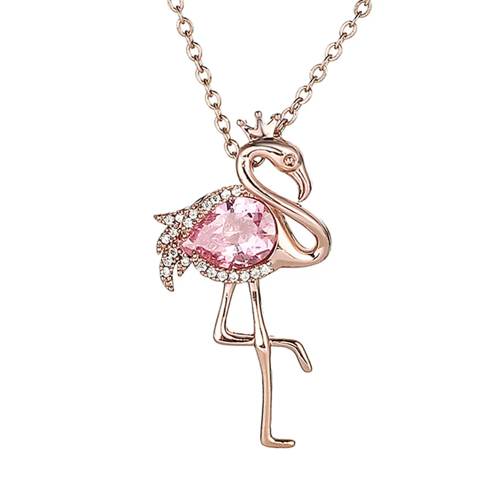 Flamingo Pendant Necklace With Pink Pear Zirconia Crown Design Stainless Steel Chain For Women Girls Delicate Jewelry