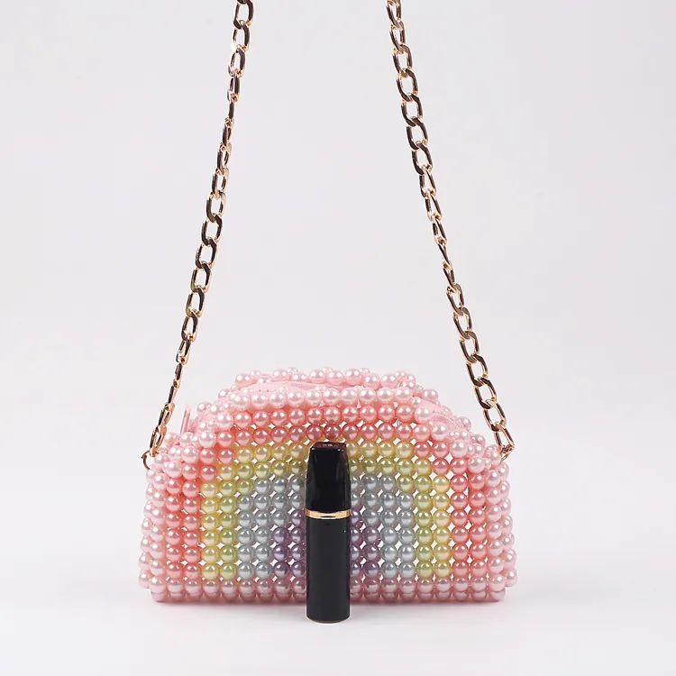 Handgefertigte Künstliche Perlen Umhängetasche Acryl Faux Künstliche Perle Regenbogen Mode Schultertasche Mit Goldener Metallkette