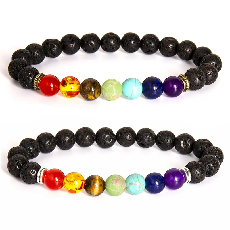 Natural Lava Stone Beaded Bracelet Seven Chakra Energy Healing Yoga Meditation Jewelry Fashion For Men And Women