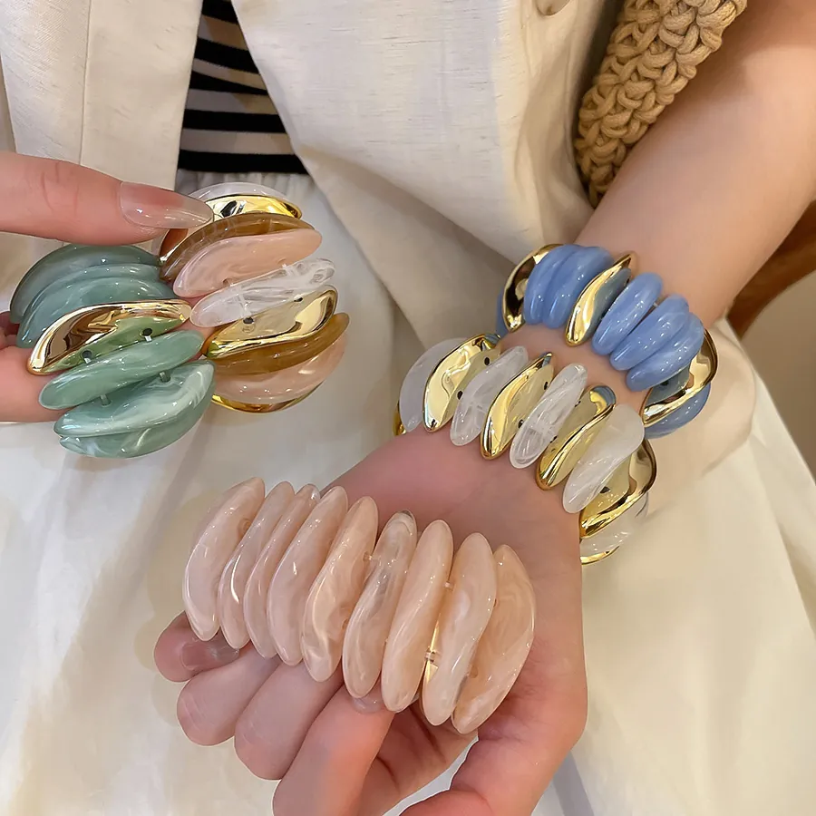 Patchwork Marbled Acrylic Resin Bracelet Elegant Geometric Alloy Bangle Elastic Fashion Jewelry For Women