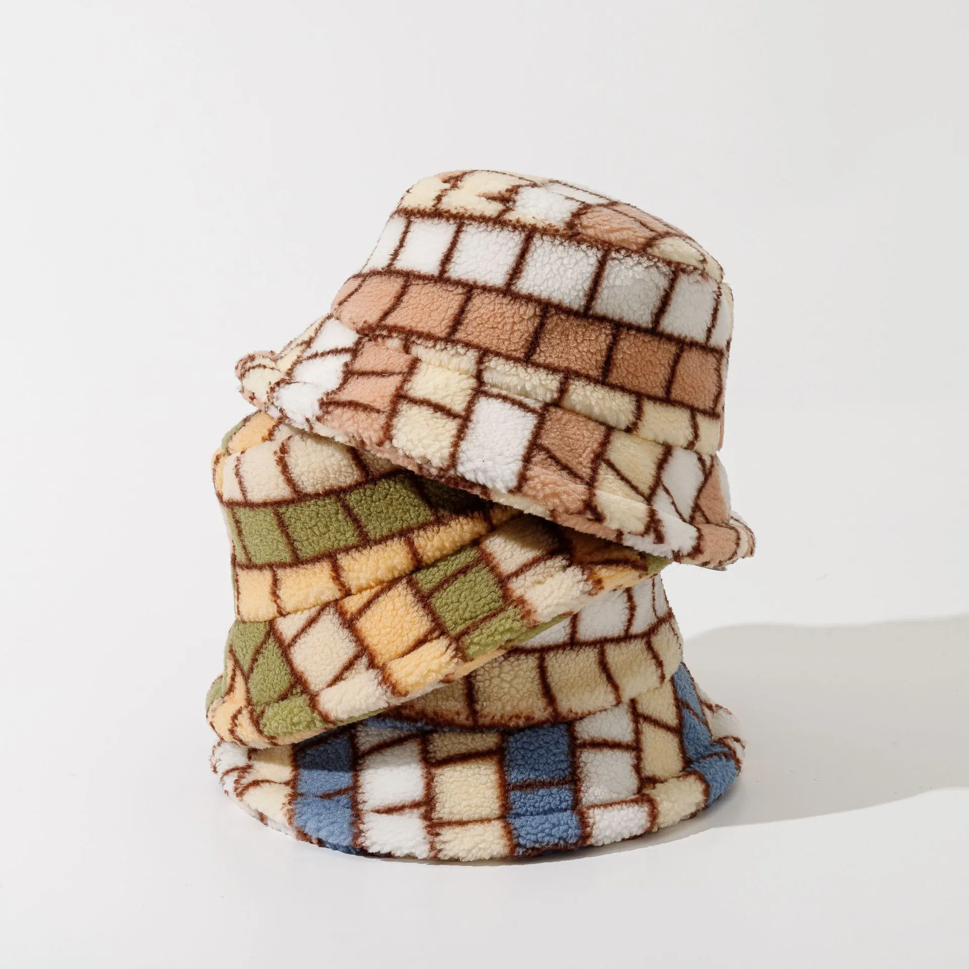 Checkerboard Lamb Wool Bucket Hat Winter Warm Windproof Plush Flat Top Short Brim For Men Women