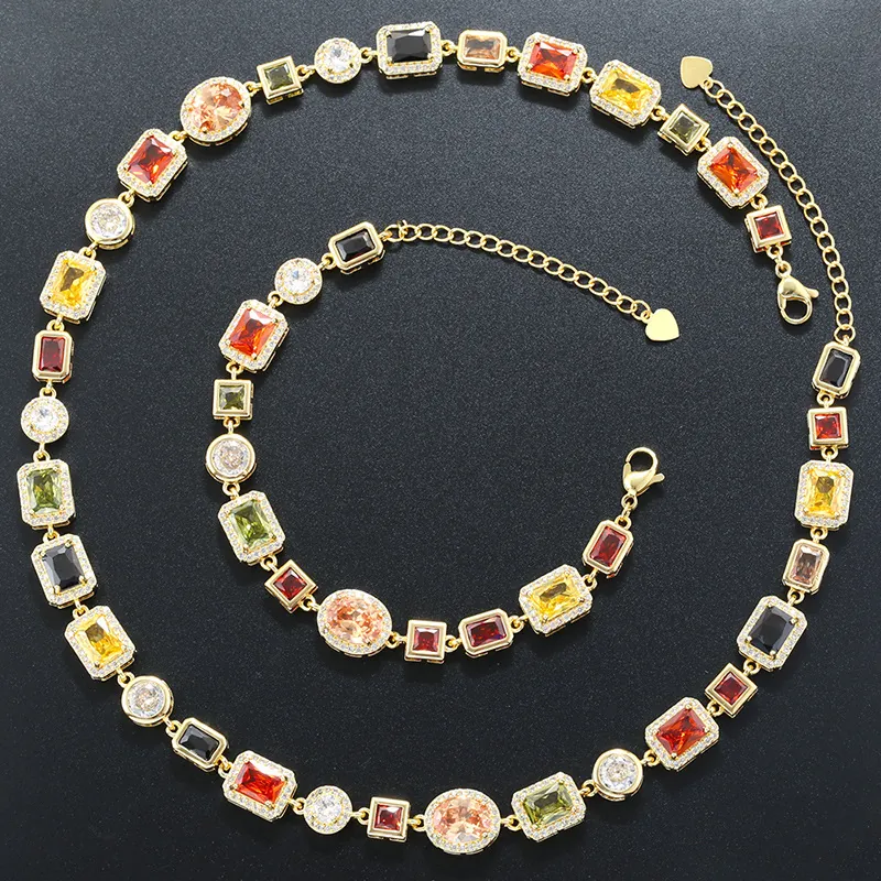 Luxury Palace Style Necklace And Bracelet Jewelry With Multi Colored Geometric Cubic Zirconia Brass Gold Plated