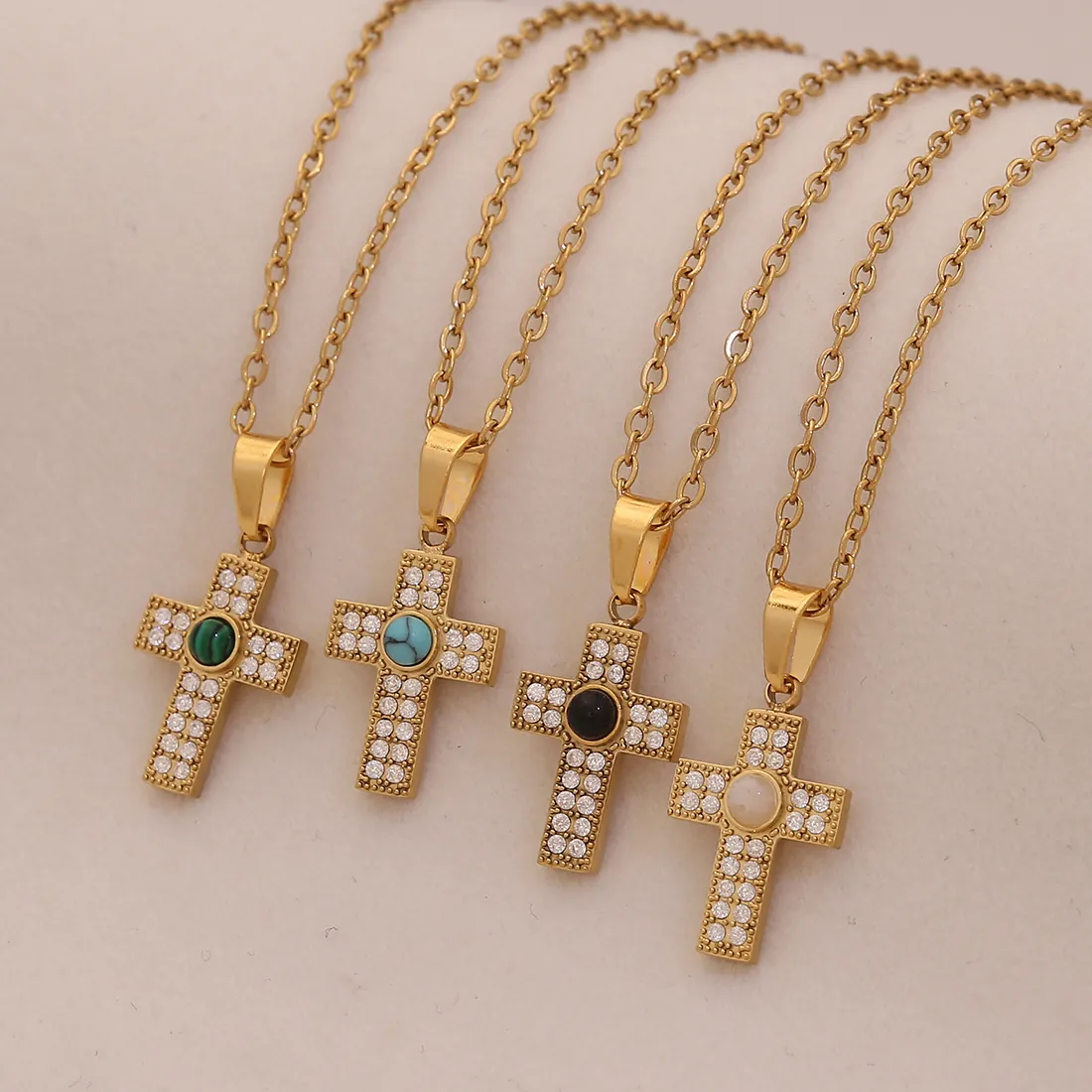 Collana Con Ciondolo A Croce Acciaio Inossidabile Micro Pavé Zirconia Pietra Colorata Gioielli Religiosi Donne Stile Elegante
