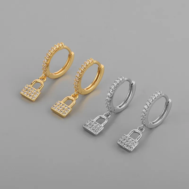 Boucles D-oreilles Créoles Cadenas En Cuivre Avec Tige En Argent Fin 925 Charme De Serrure En Pavé Zircon Bijoux