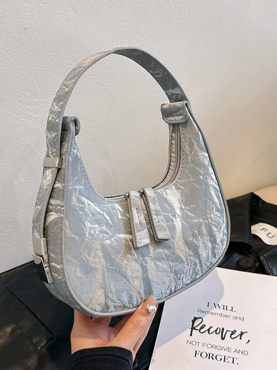 Women Crescent Shoulder Bag Crinkled PU Leather And Woven Texture Half Moon Underarm Bag Minimalist Niche Style