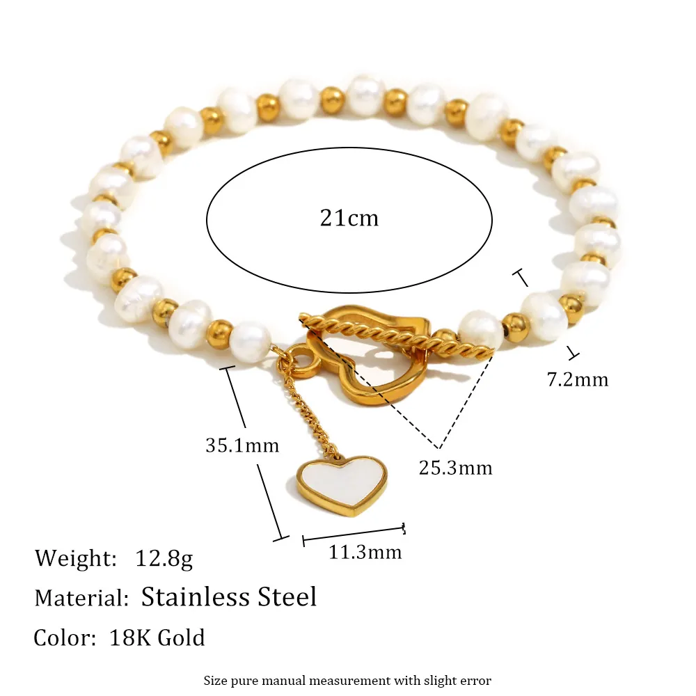Artificial Pearl Stainless Steel Bracelet 18K Gold Plated White Enamel Heart Pendant Toggle Clasp Vintage Women Jewelry