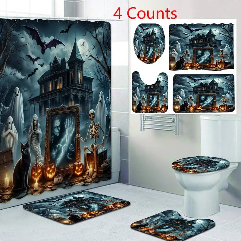 Halloween Bathroom Shower Curtain And Bath Mats Toilet Lid Cover Waterproof Polyester Horror Ghost Pumpkin Pattern Home Decor