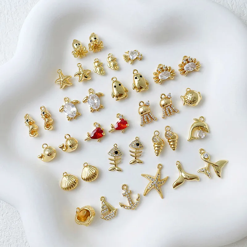Marine Animal Charms 14K Gold Plated Copper Zircon Sea Turtle Starfish Dolphin Pendants For DIY Jewelry Making