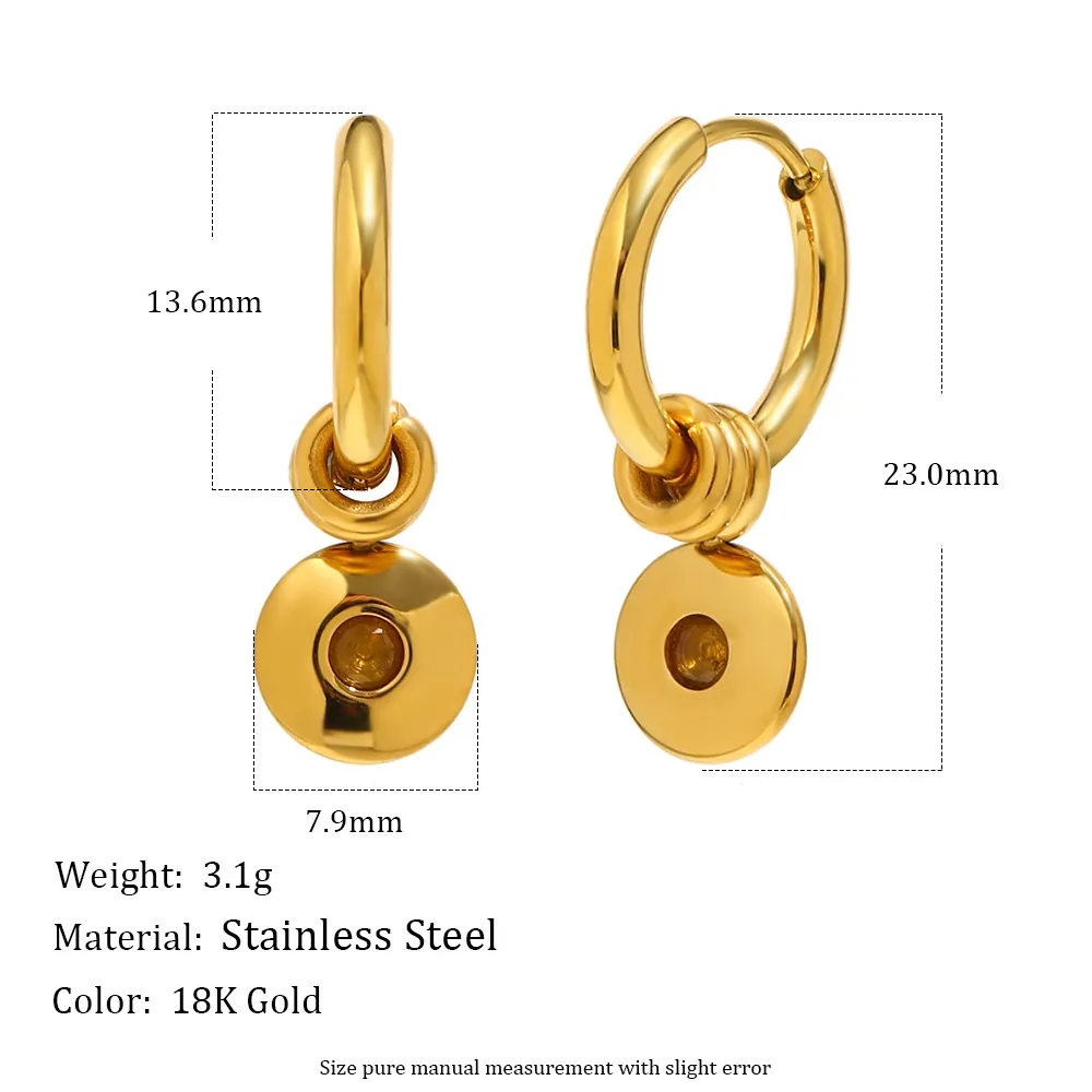 Stainless Steel 18K Gold Plated Hoop Earrings With Round Birthstone Pendants Cubic Zirconia Geometric Simple For Women