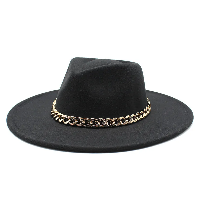Polyester Woolen Felt Fedora Hat Wide Brim Jazz Cap With Gold Metal Chain Elegant Modern Winter Fashion For Women Men