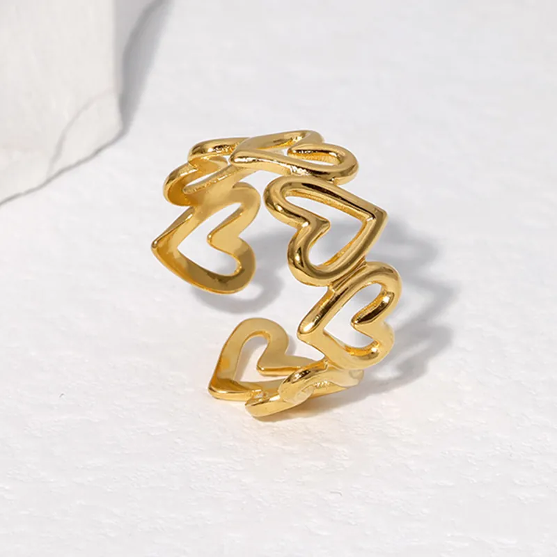 Hollow Heart Open Adjustable Ring Stainless Steel 18K Gold Plated Minimalist Trendy Fashion Jewelry For Women