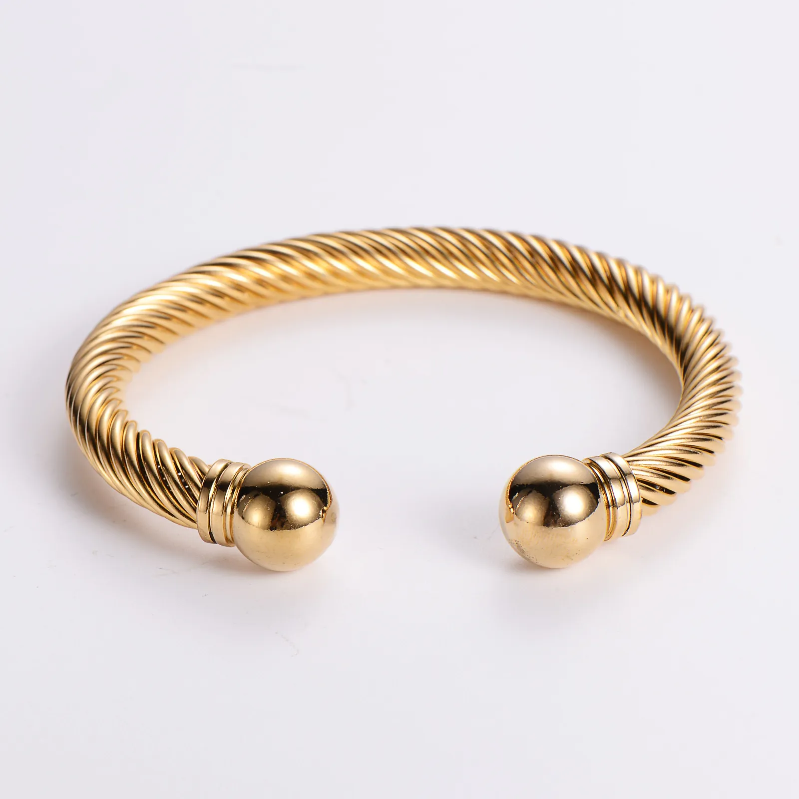 Edelstahl Gedrehtes Kabel Armreif Offenes Armband Punk Stil Kugelenden Polierter Schmuck Für Herren Damen