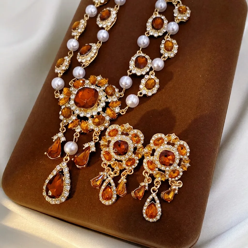 Vintage Barock Halskette Ohrringe Legierung Bernstein Strass Kunstperle Schmuck Mit Silbernem Ohrstecker Für Damen Luxus