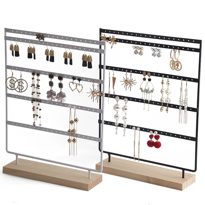 Earring Holder Stand Jewelry Display Organizer Iron Metal With Beech Wood Base Multi Layer Large Capacity Desktop Decor