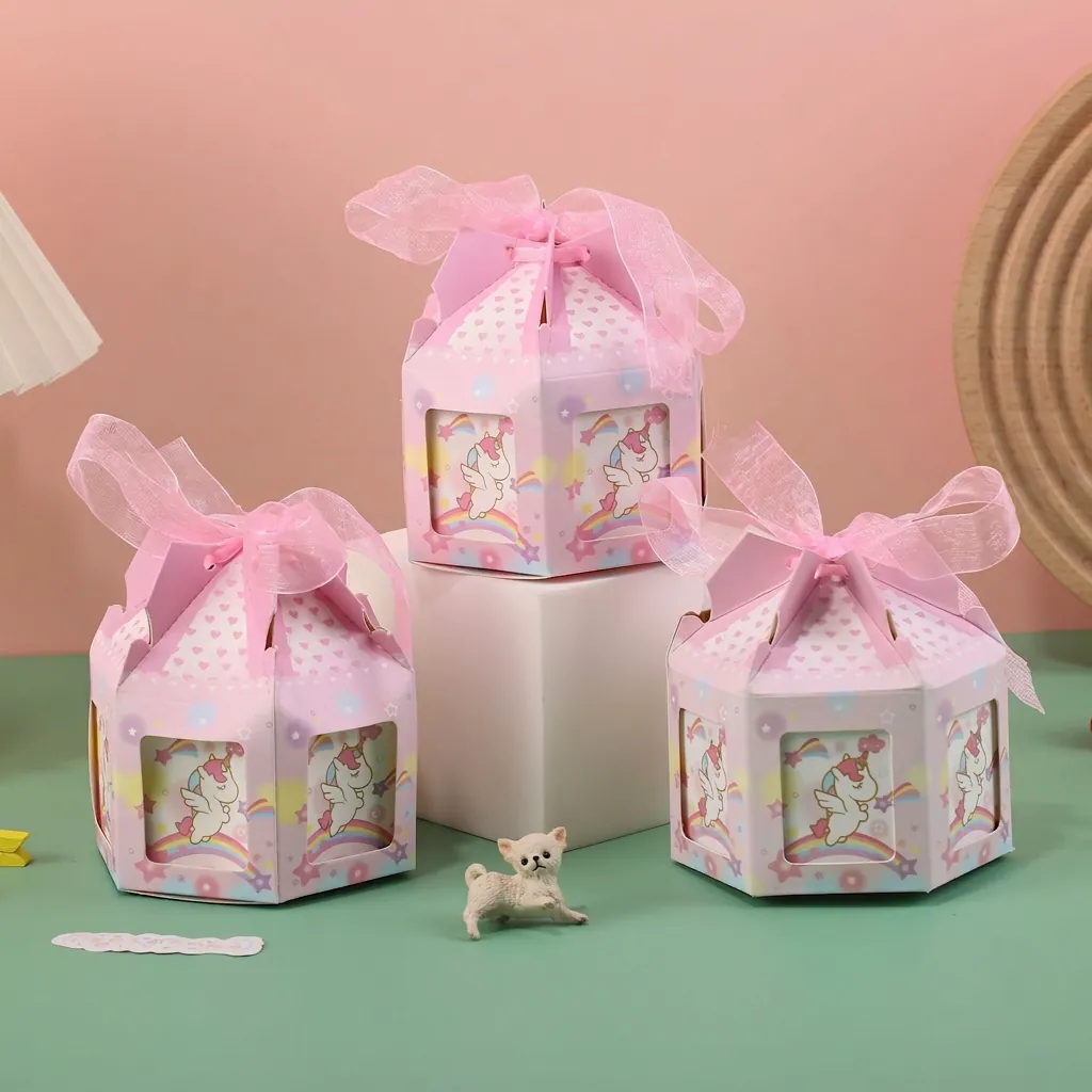 Carousel Unicorn Gift Box Hexagon Candy Box Paper Favor Box With Ribbon Bow For Wedding Birthday Party Baby Shower Decoration
