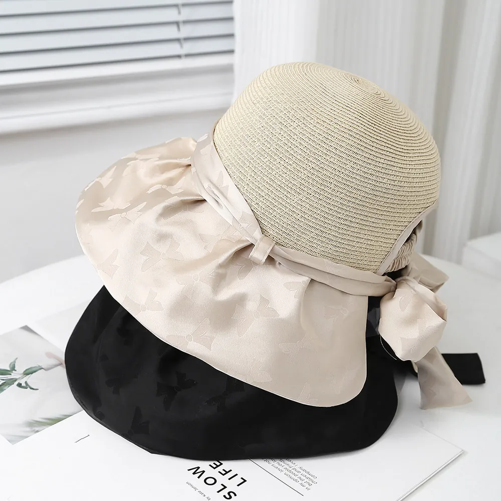 Women Summer Sun Hat Straw Weave Large Bow Wide Brim Bucket Hat Black Vinyl UV Protection Elegant Beach Foldable