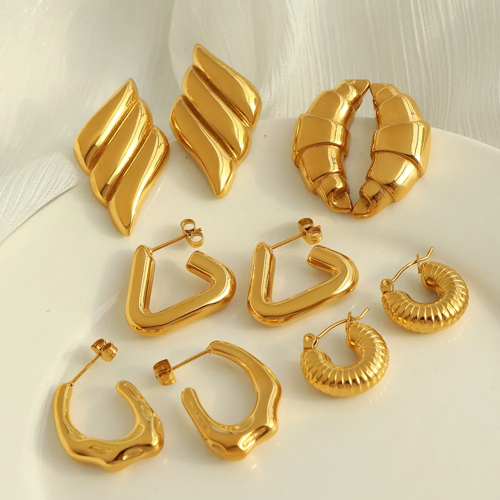 Geometric Stainless Steel Earrings 18K Gold Plated Croissant Triangle Wave Textured Minimalist Fashion Jewelry For Women