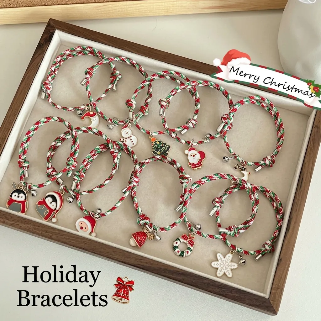 Christmas Braided Rope Bracelet Alloy Enamel Charm Bell Adjustable Colorful Festive Jewelry Gift Women Kids