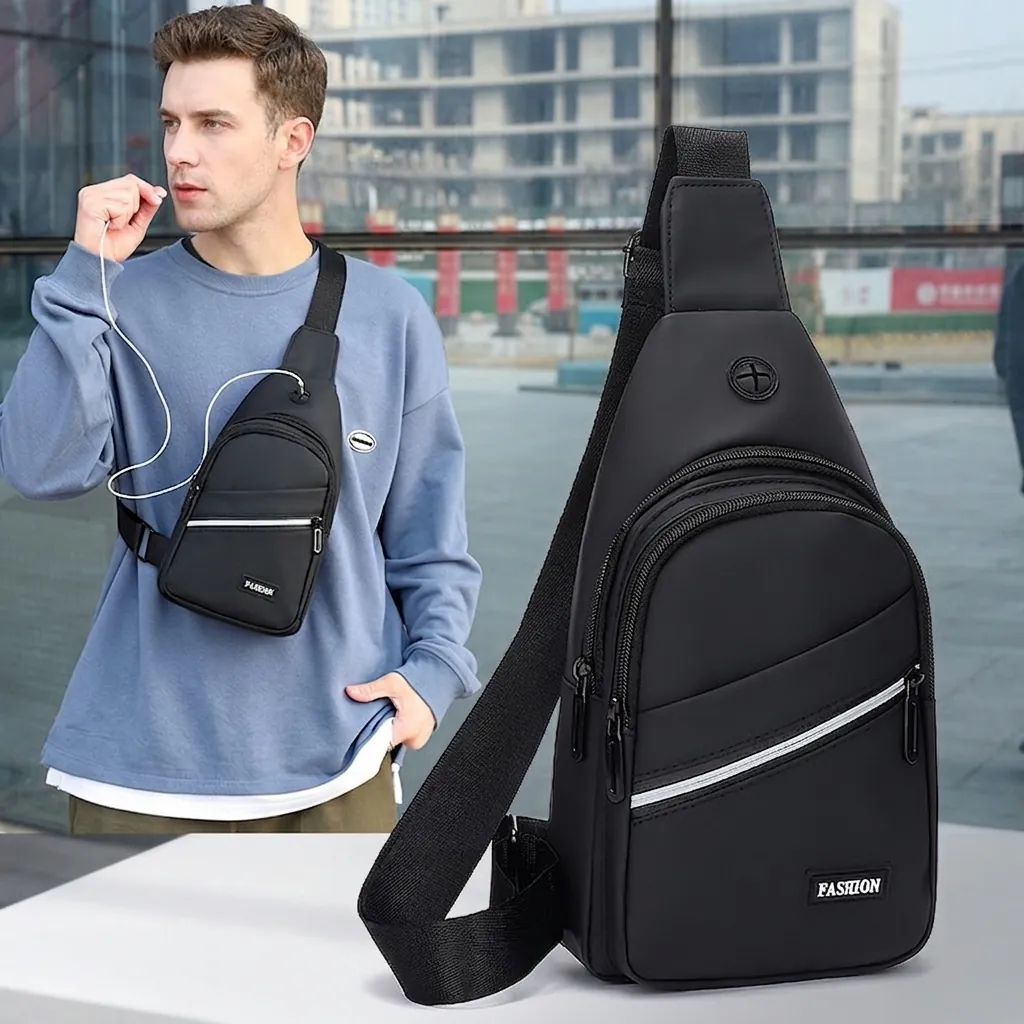 Men Sling Bag Waterproof Chest Pack Multi Pocket Crossbody Shoulder Bag Sport Business Casual With Earphone Hole
