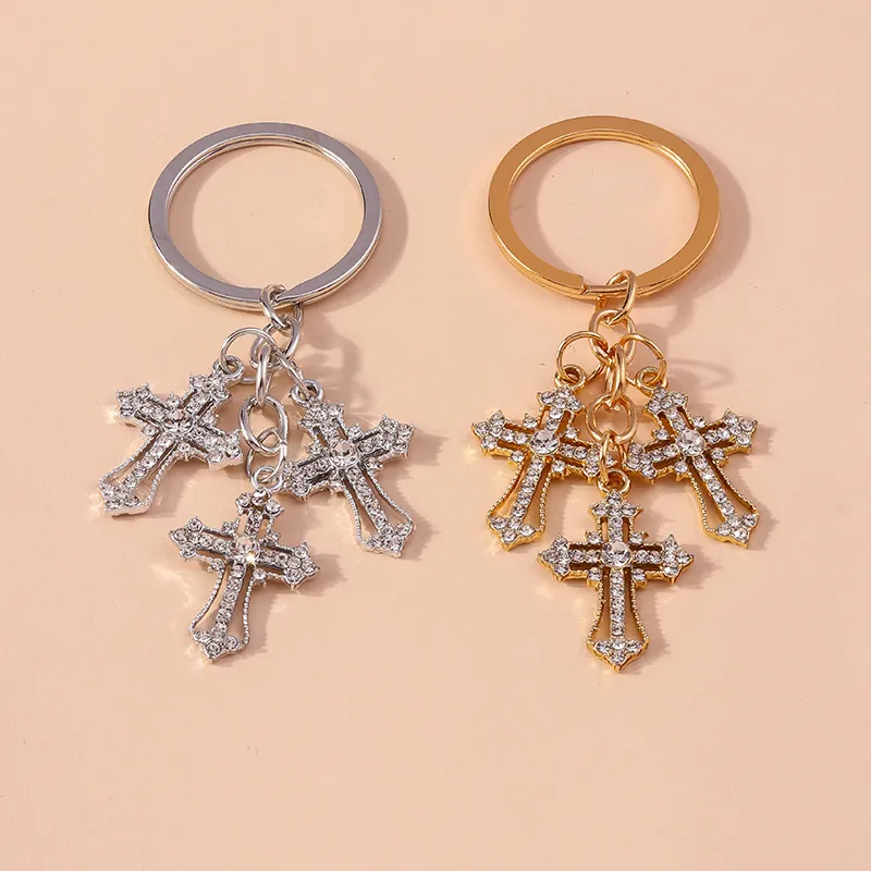 Multiple Cross Pendant Keychain Luxury Alloy Rhinestone Car Keyring Handbag Charm Religious Accessory Gift For Women