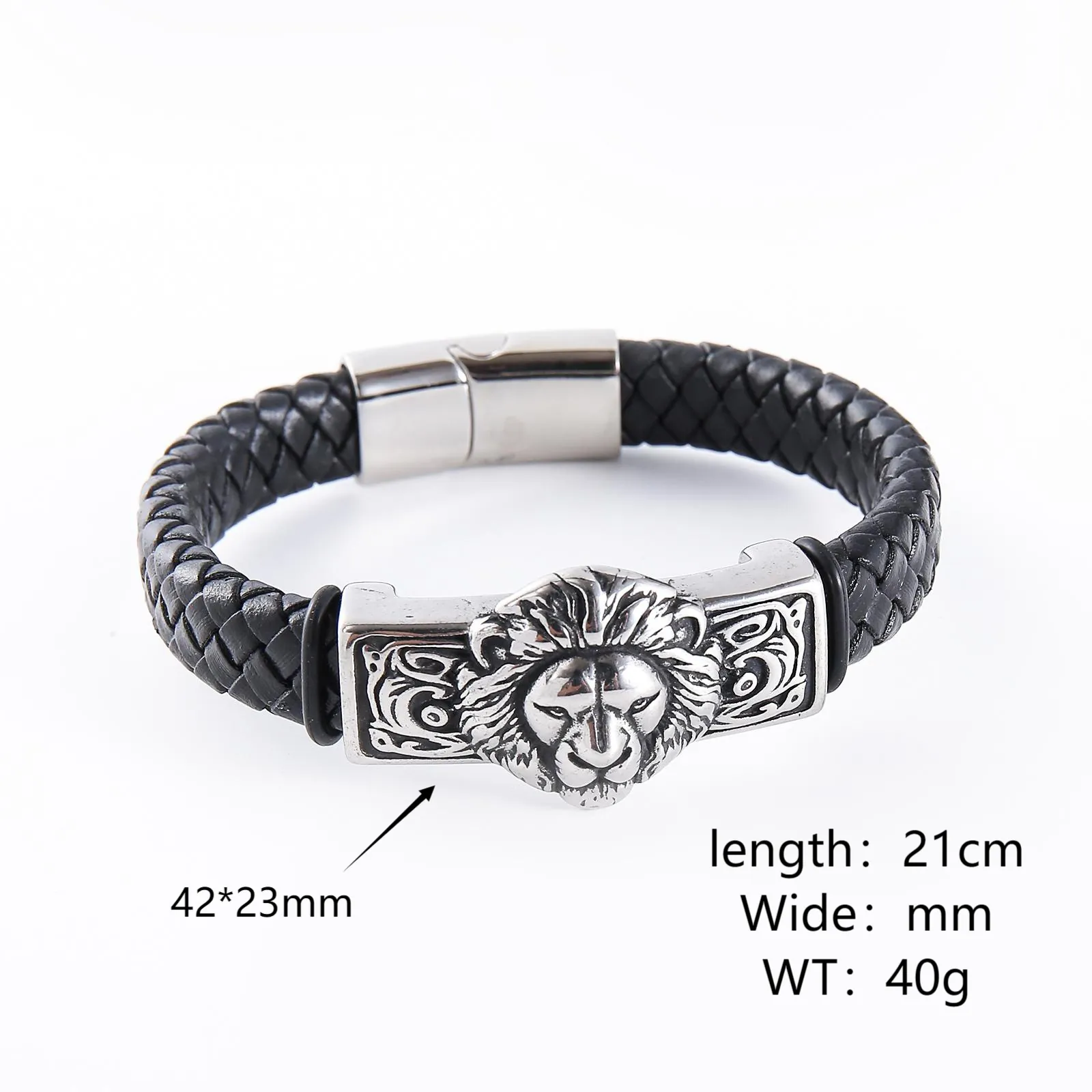 Men Braided Leather Bracelet With 304 Stainless Steel Lion Head Punk Style Magnetic Clasp Masculine Jewelry Accessories