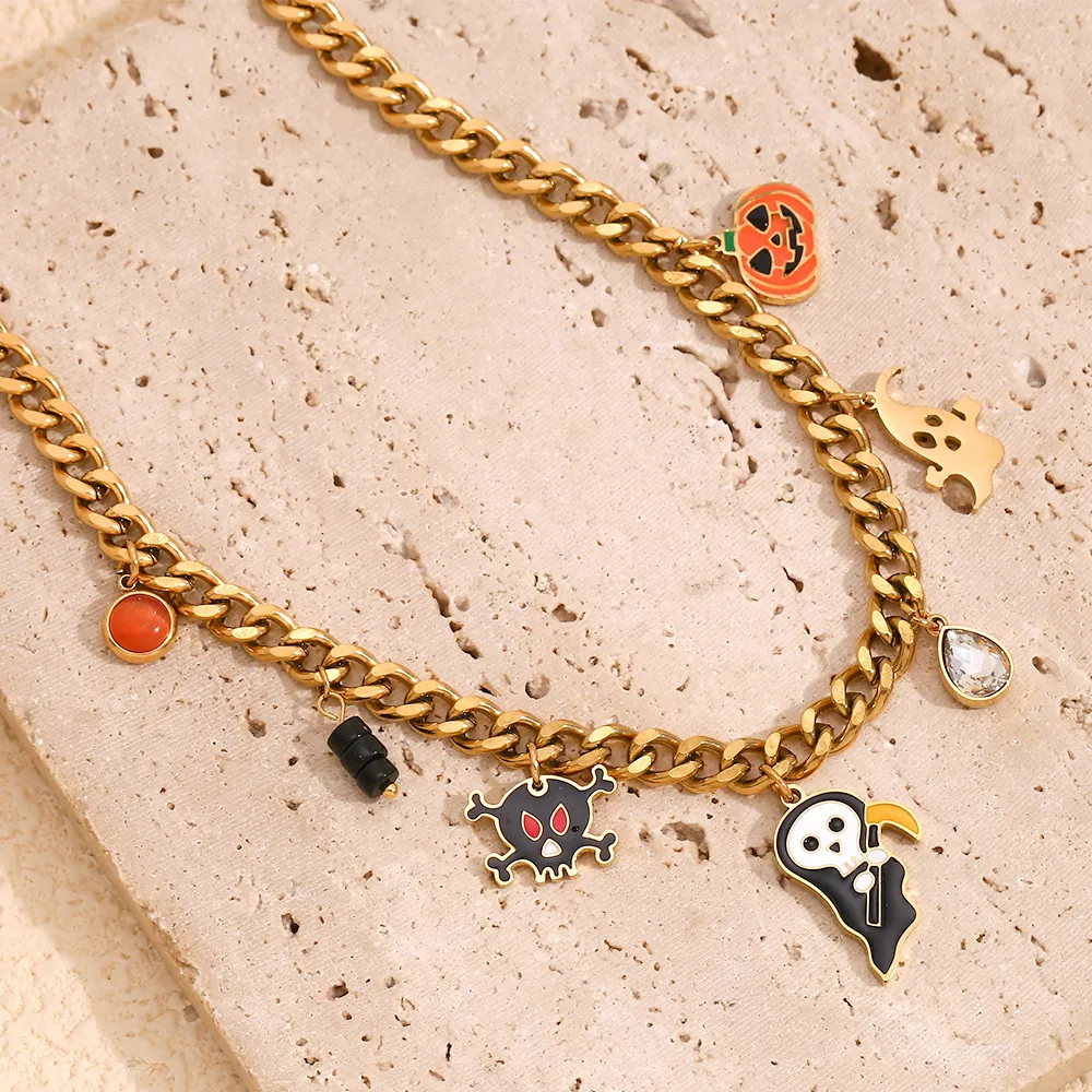 Halloween Enamel Crystal Charm Necklace 18K Gold Plated Stainless Steel Cuban Chain With Ghost Pumpkin Pendant For Women