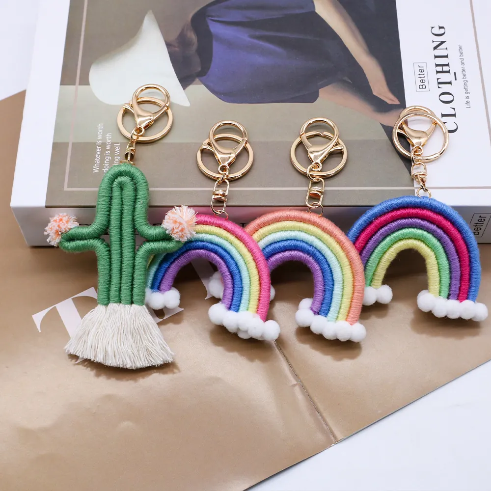 Handmade Woven Rainbow Cactus Keychain Cotton Cord Bohemian Bag Charm Car Hanging Pendant Accessories