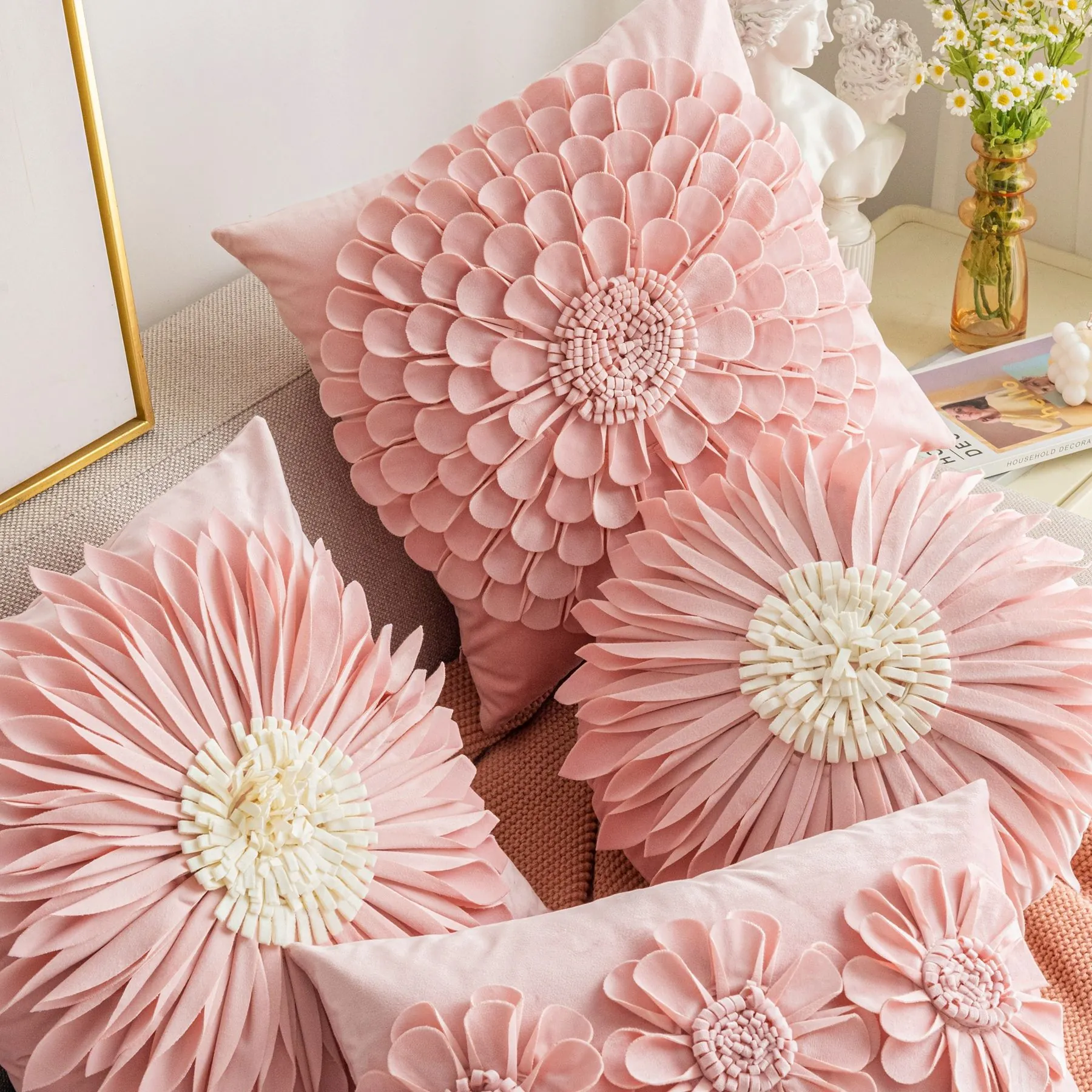 Flower Heart Shaped Pillowcases And Cushions Velvet Plush Decorative Covers For Sofa Bed Living Room Princess Style Romantic