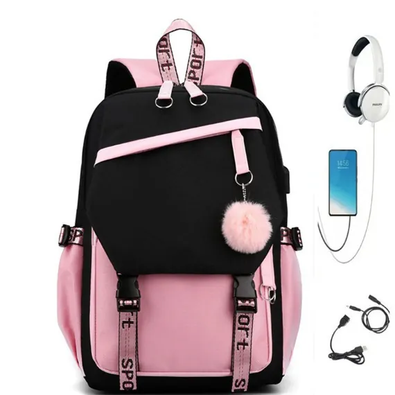 Sac À Dos Scolaire Nylon Avec Port De Charge USB Trou Pour Écouteurs Pendentif Pompon Color Block Étudiants