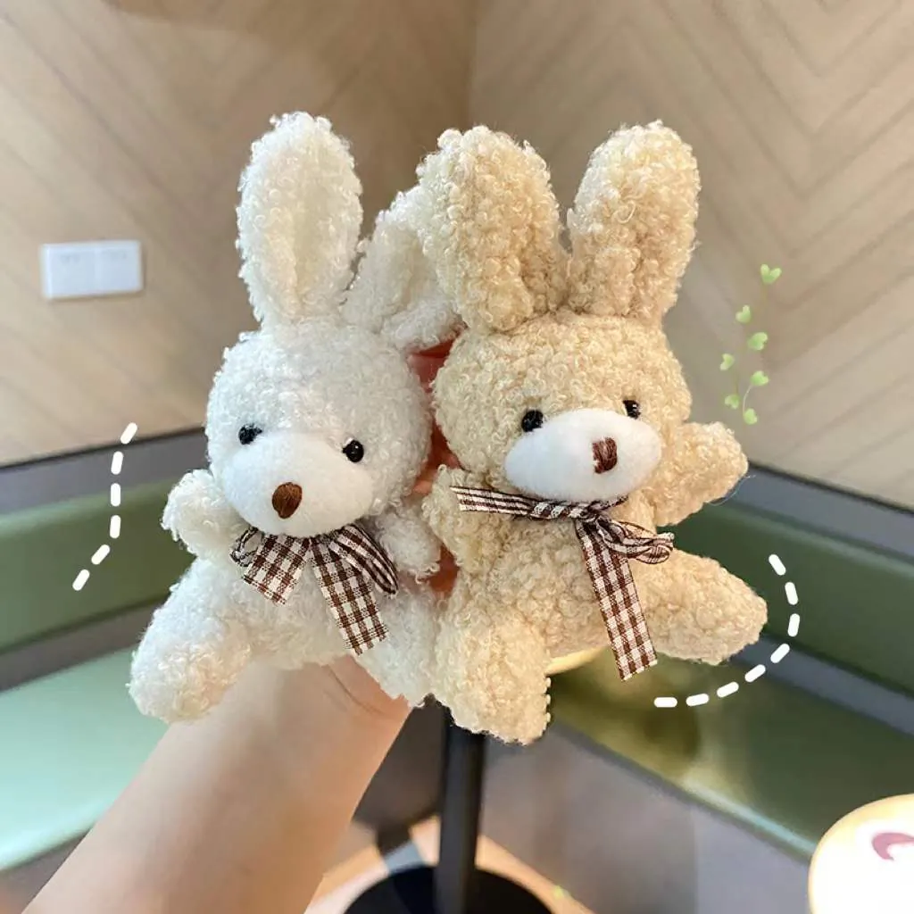 Plush Rabbit Keychain Pendant Gingham Bow Tie Boucle Fleece Stuffed Animal Soft Backpack Charm For Girls Women