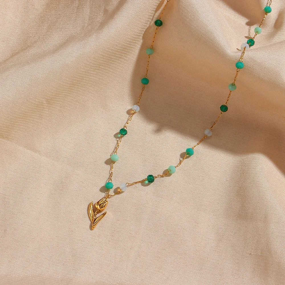 Collier Pendentif Tulipe Acier Inoxydable Perles Colorées Plaqué Or Bijoux Minimalistes Élégants Pour Femmes