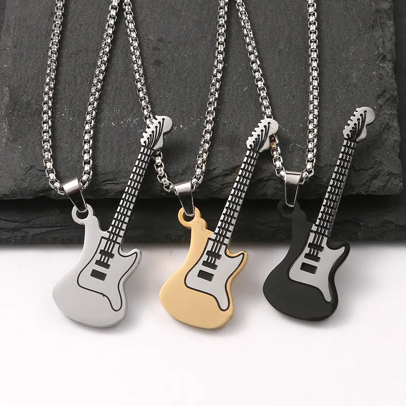 Stainless Steel Guitar Pendant Necklace Music Theme Hip Hop Rock Street Style Jewelry For Men