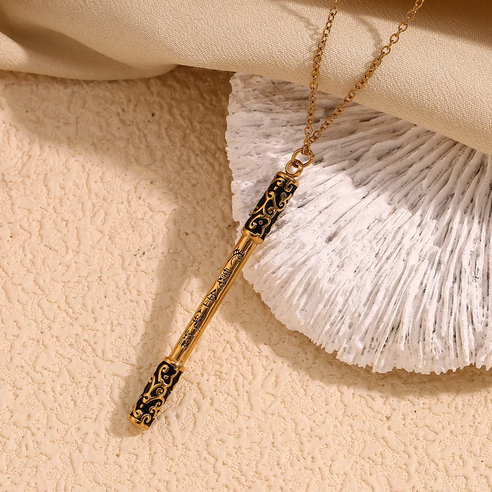 Monkey King Golden Cudgel Pendant Necklace 18K Gold Plated Stainless Steel Mythical Weapon Design Hip Hop Jewelry For Men