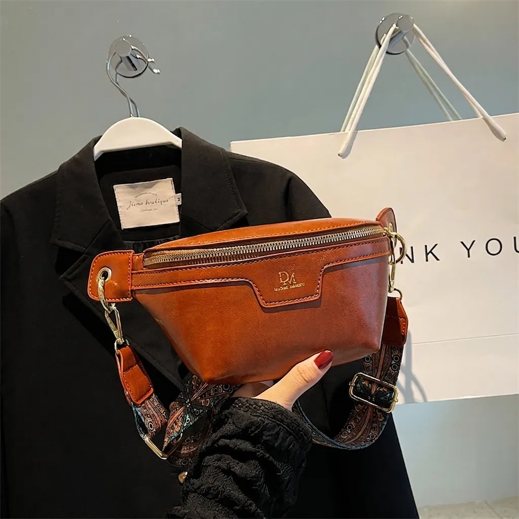 Women PU Leather Waist Bag With Bohemian Wide Strap Retro Oil Wax Texture Chest Crossbody Pack Fashion Trendy